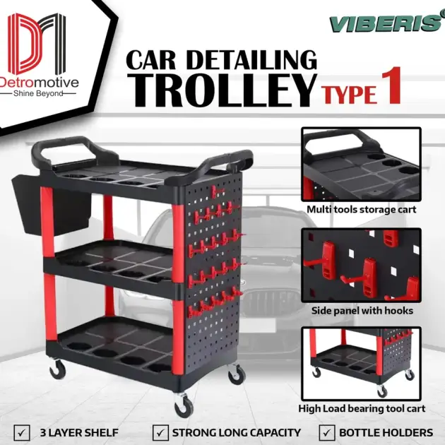 Viberis Car Detailing Tool Cart Trolley On Wheels-3 Shelves