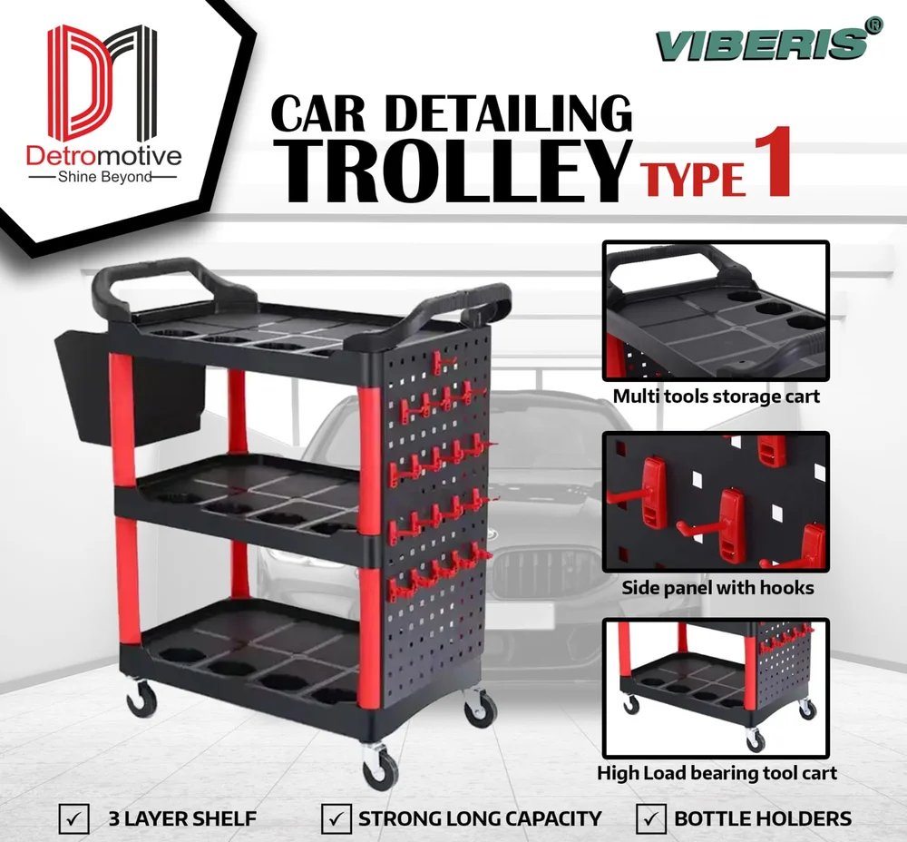Viberis Car Detailing Tool Cart Trolley On Wheels-3 Shelves