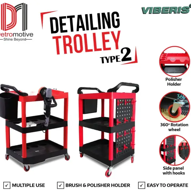 Viberis Car Detailing Trolley Type 2 On Wheels-3 Shelves