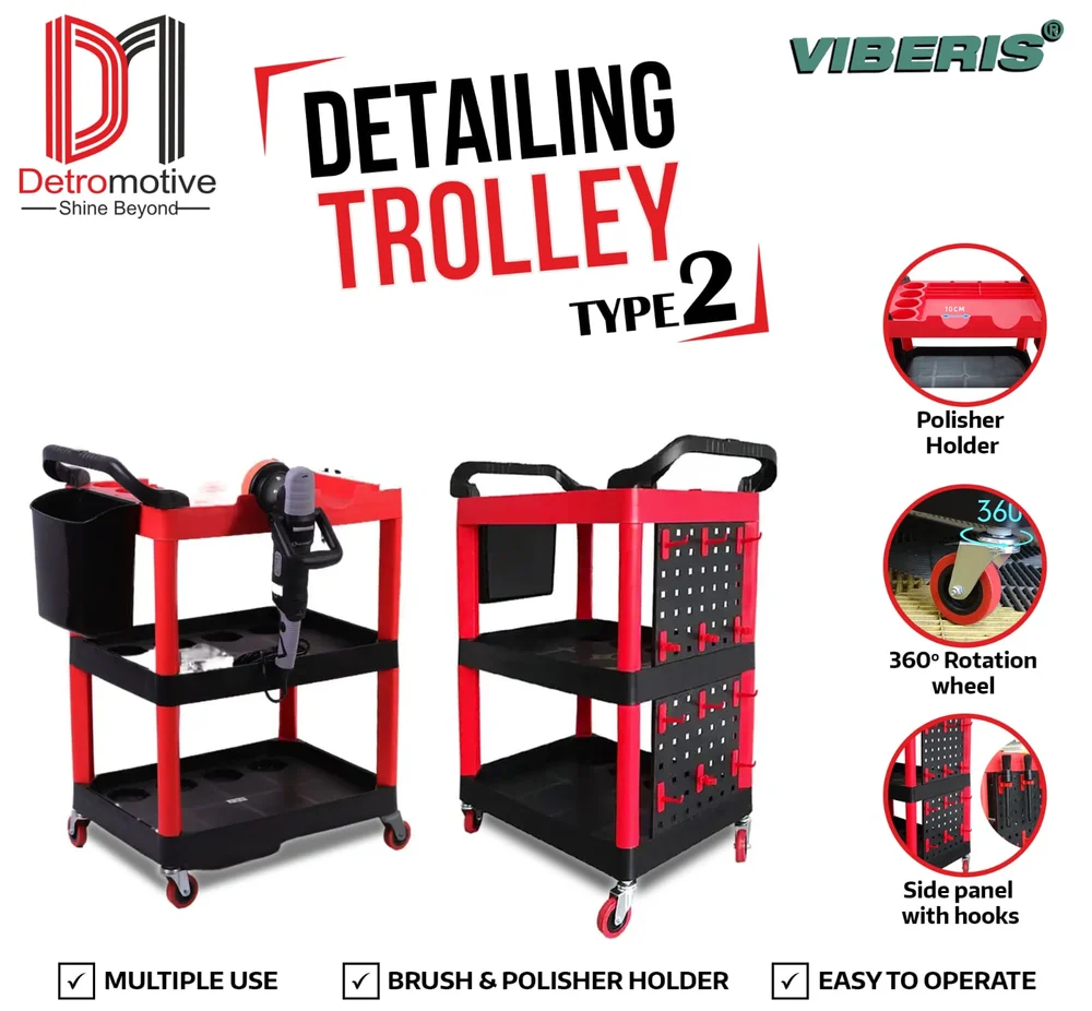 Viberis Car Detailing Trolley Type 2 On Wheels-3 Shelves
